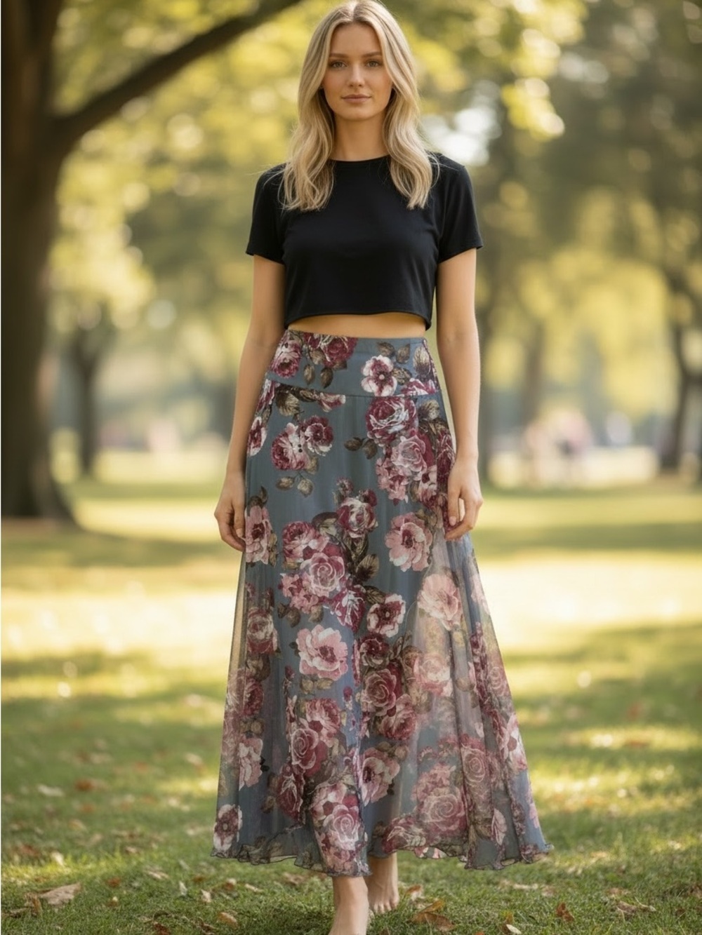 Romantic Cottagecore Floral Maxi Skirt in Slate Blue